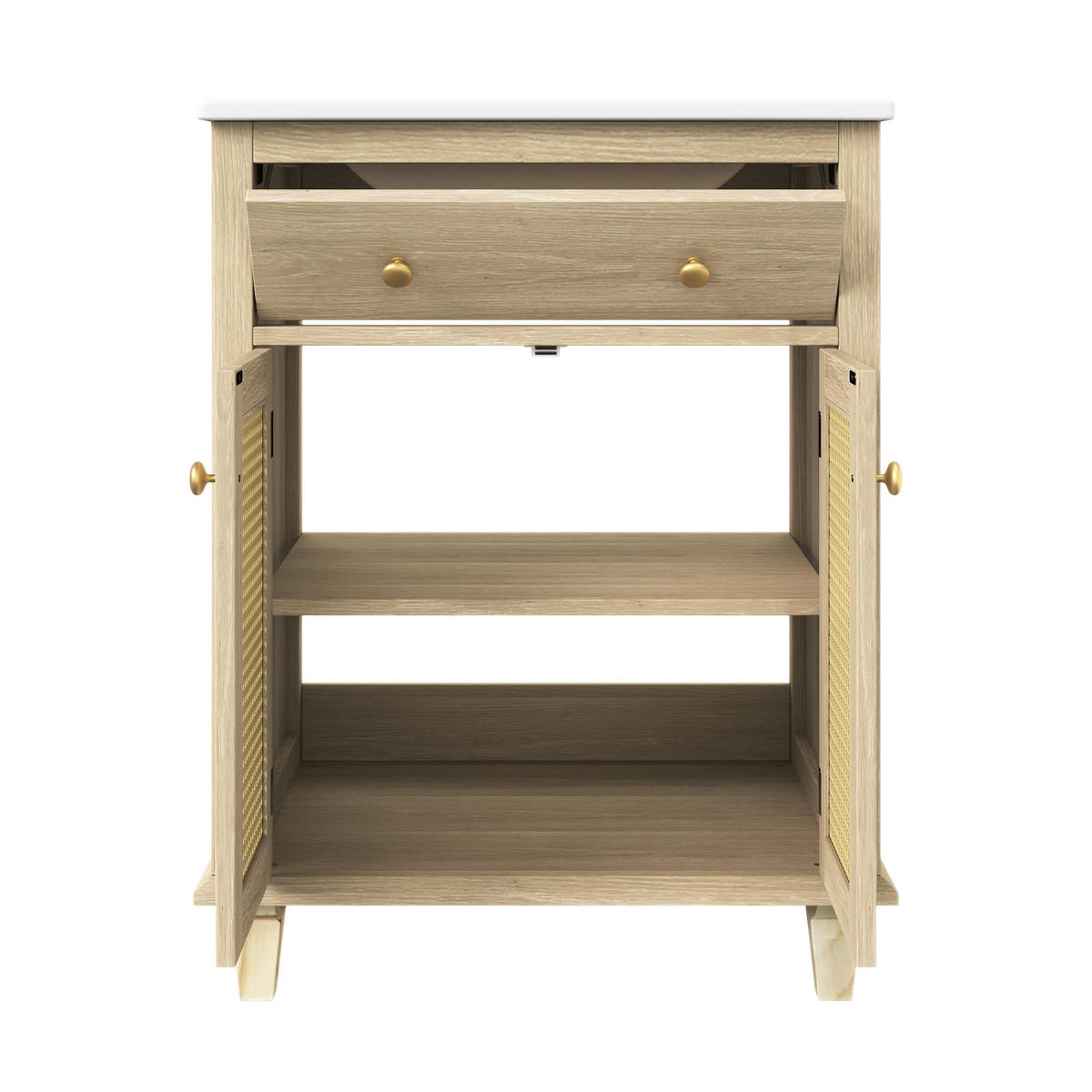 BADEZIMMERSCHRANK Rattan Türen Klappschublade Verstellbare Böden 61cm - Naturfarben, Keramik (61/87/47cm) - FLIEKS