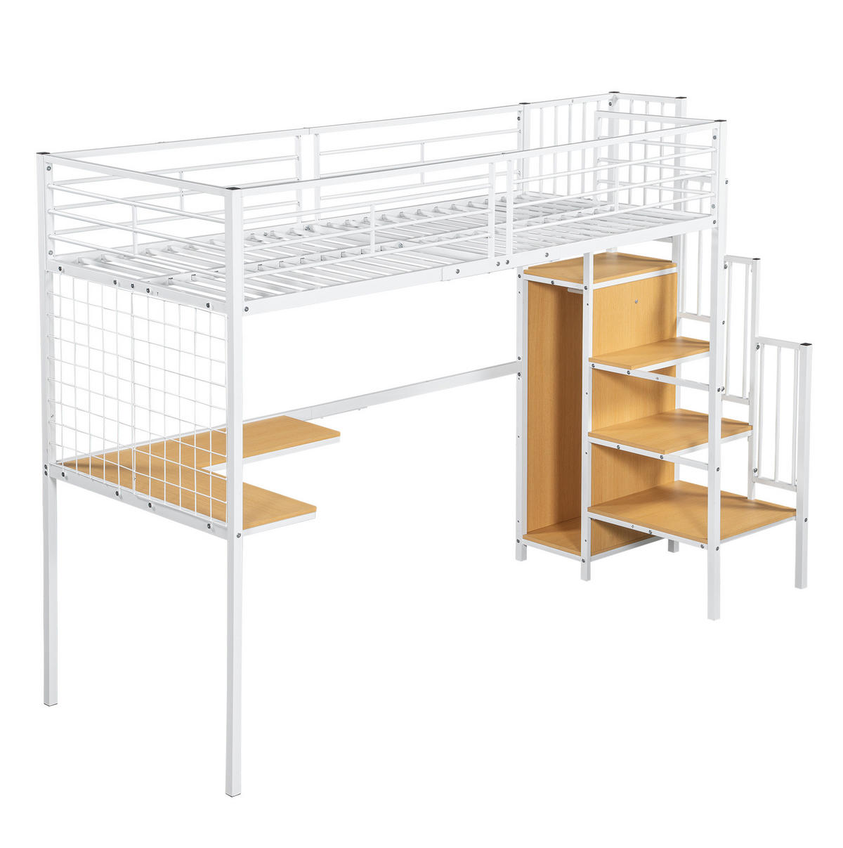 HOCHBETT 90/200 cm mit Kleiderschrank, Tisch und seitlicher Treppe aus Metall und MDF, Weiß/Natur - Weiß, Holzwerkstoff (90/200cm) - Redom