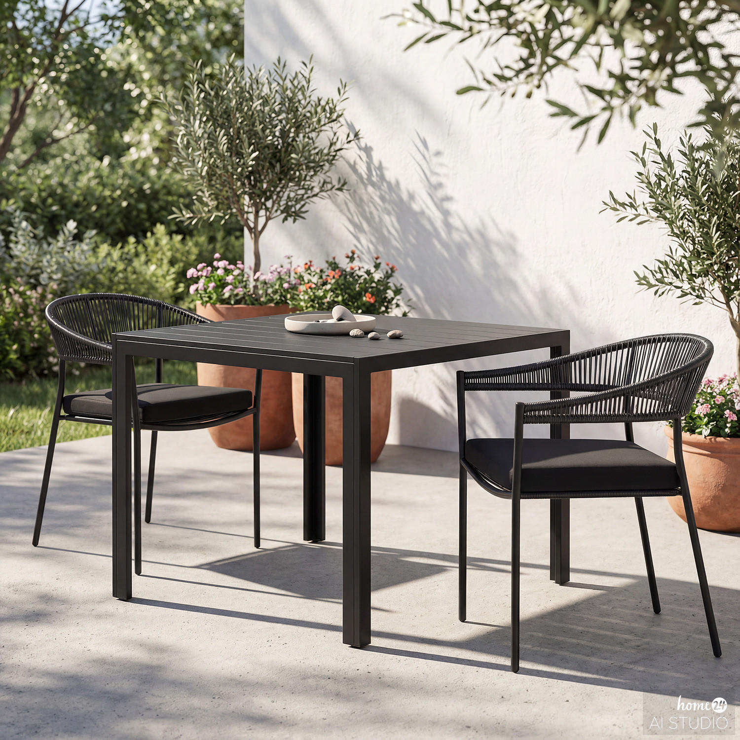 GARTENESSGRUPPE - 3-teilig - Stahl / Polyrattan - Schwarz - Schwarz, Kunststoff/Textil - home24