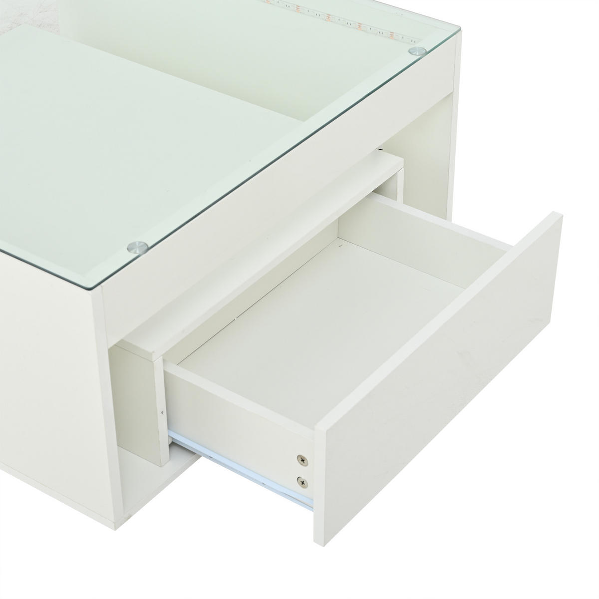 COUCHTISCH weiß aus MDF mit gehärteter Glasplatte und App-gesteuerter USB-LED 70 × 70 × 35 cm - Weiß, Holzwerkstoff (70/70/35cm) - Luhomfu
