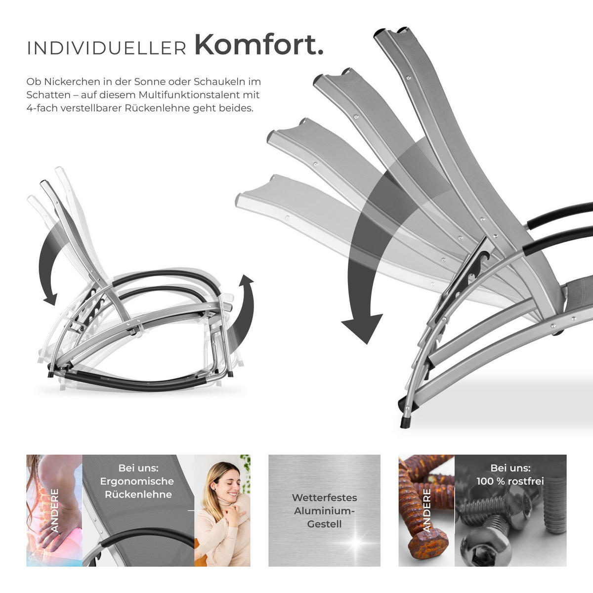 SONNENLIEGE 2er Set Avignon, 2in1 Schaukelstuhl, verstellbare Rückenlehne, 62 x 195 x 91 cm, anthrazit - Anthrazit, Metall (62/91/195cm) - tectake