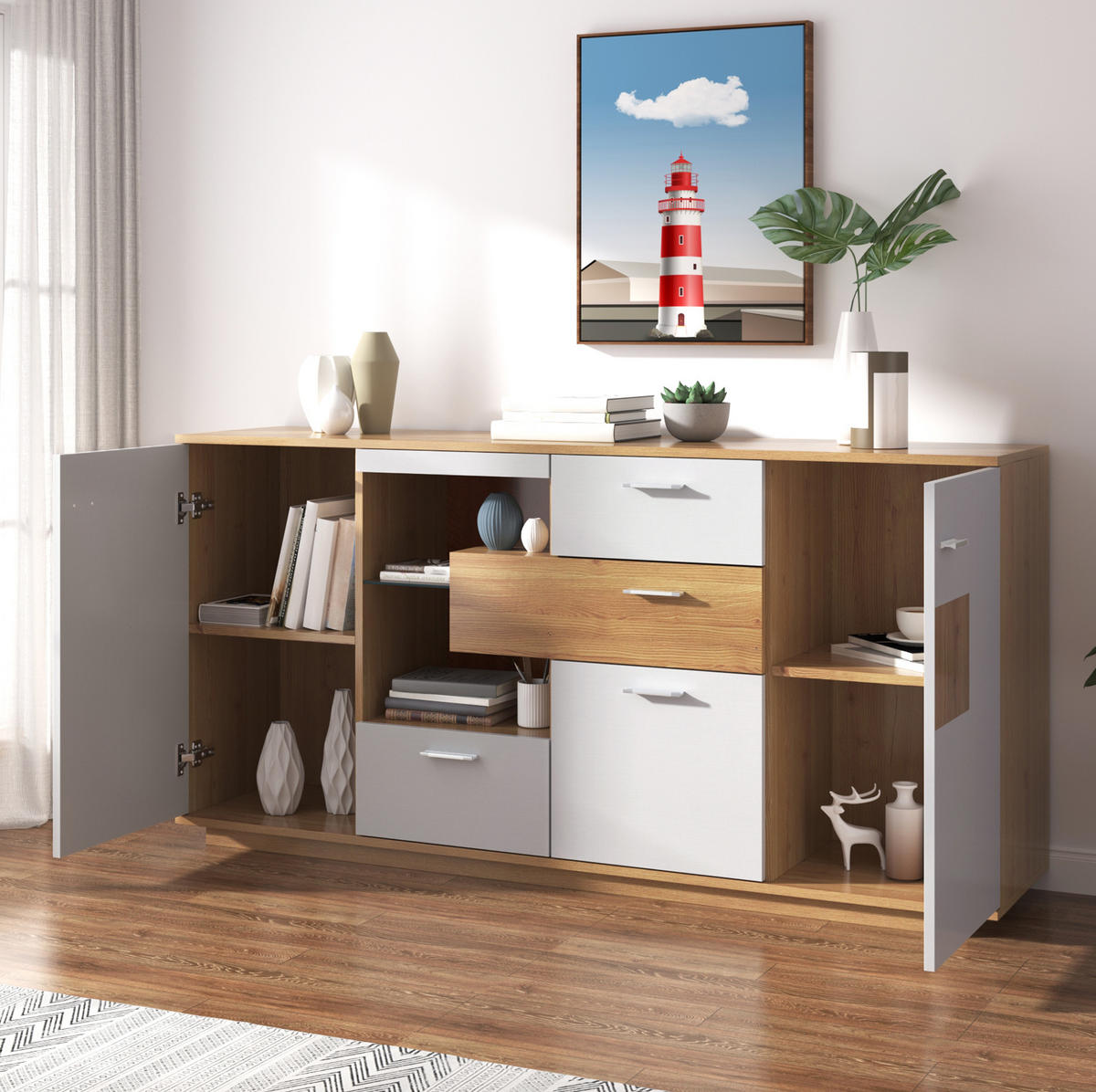 KOMMODE aus MDF 160x40x77cm in Natur mit LED-Beleuchtung - Naturfarben, Holzwerkstoff (160/77/40cm) - Modfu