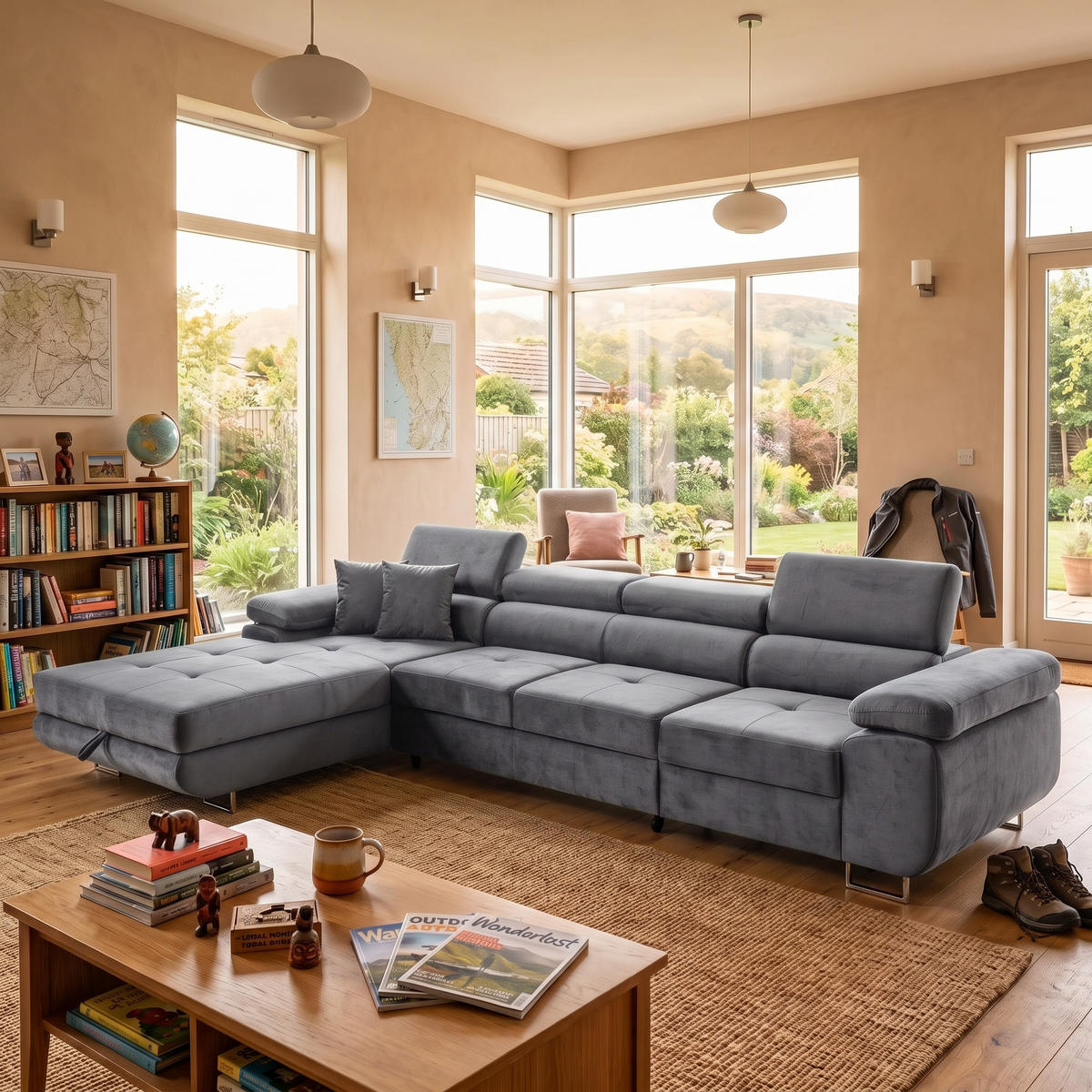 ECKSOFA ALONZO MAXI Links mit Schlaffunktion 125x195 Velours Grau - Silberfarben/Grau, Holz/Textil (350/203cm) - Muffo
