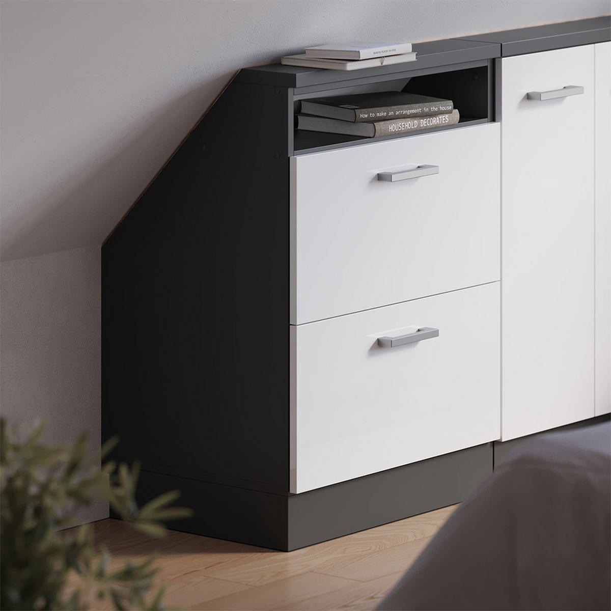 DACHSCHRÄGENSCHRANK Rion Weiß Hochglanz/Anthrazit mit 2 Schubladen - Weiß Hochglanz/Anthrazit, Holzwerkstoff (60/81.6/46cm) - Vicco