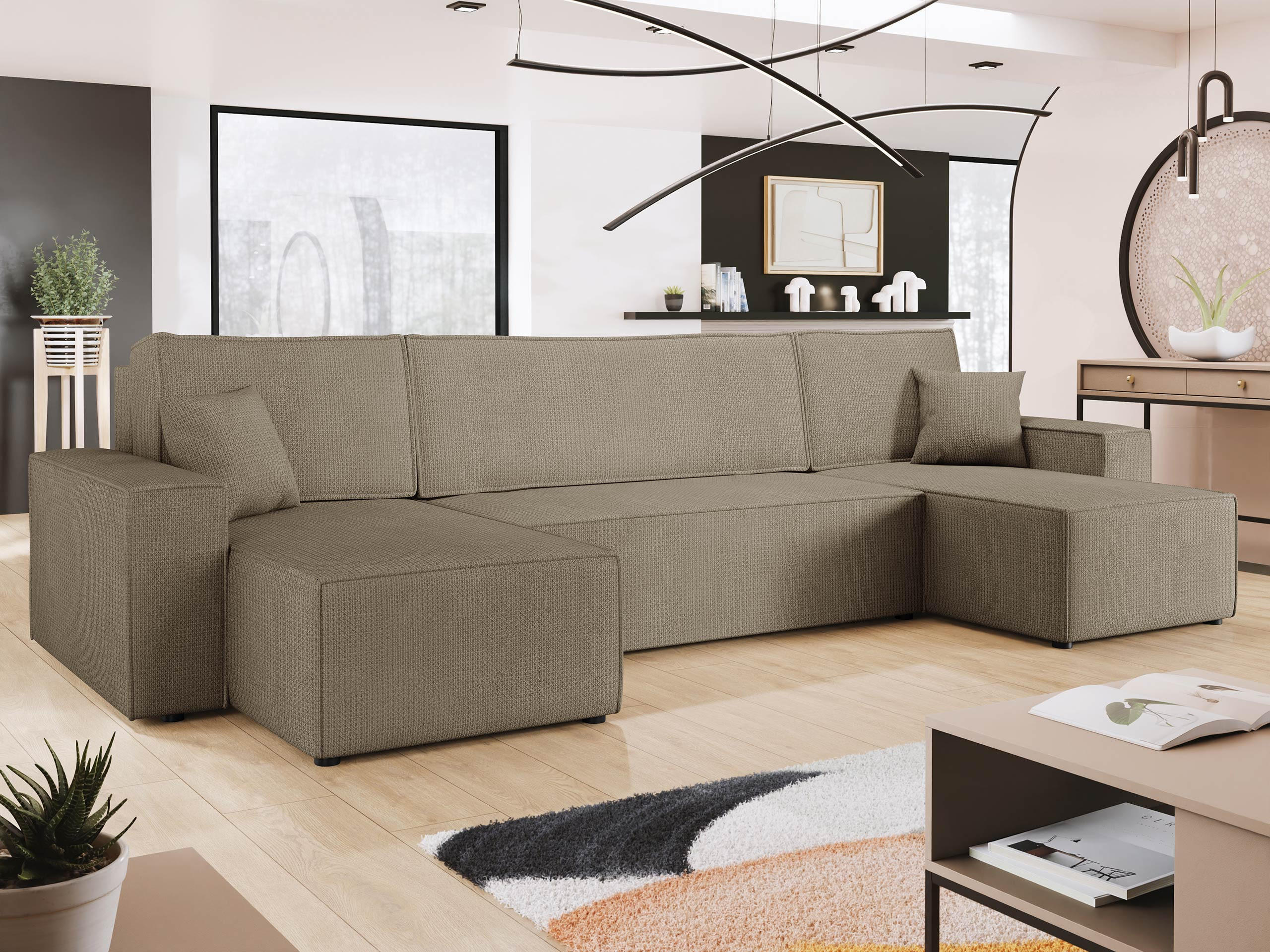 WOHNLANDSCHAFT Karl U - Hellbraun/Schwarz, Holz/Kunststoff (312/82/145cm) - MIRJAN24