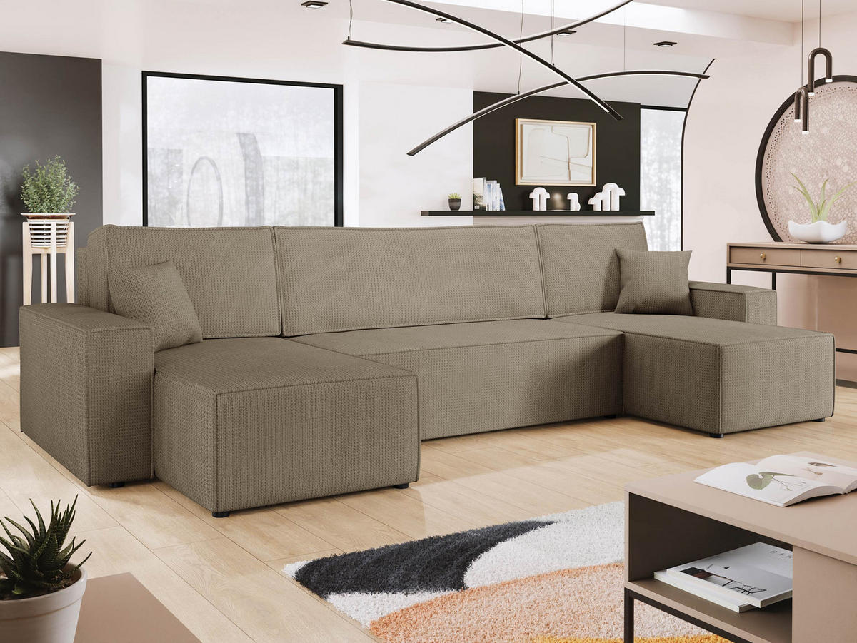 WOHNLANDSCHAFT Karl U - Hellbraun/Schwarz, Holz/Kunststoff (312/82/145cm) - MIRJAN24