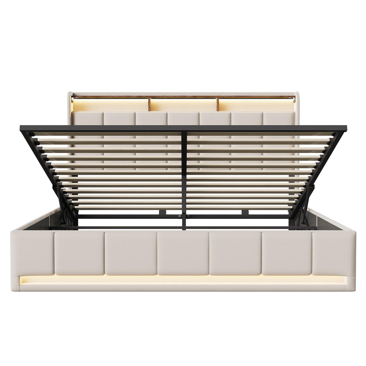 POLSTERBETT 160x200 cm Beige mit LED Beleuchtung, Kopfteil mit Stauraum und USB/Type-C, hydraulisches Stauraumbett - Beige, Metall (160/200cm) - EuroLiving