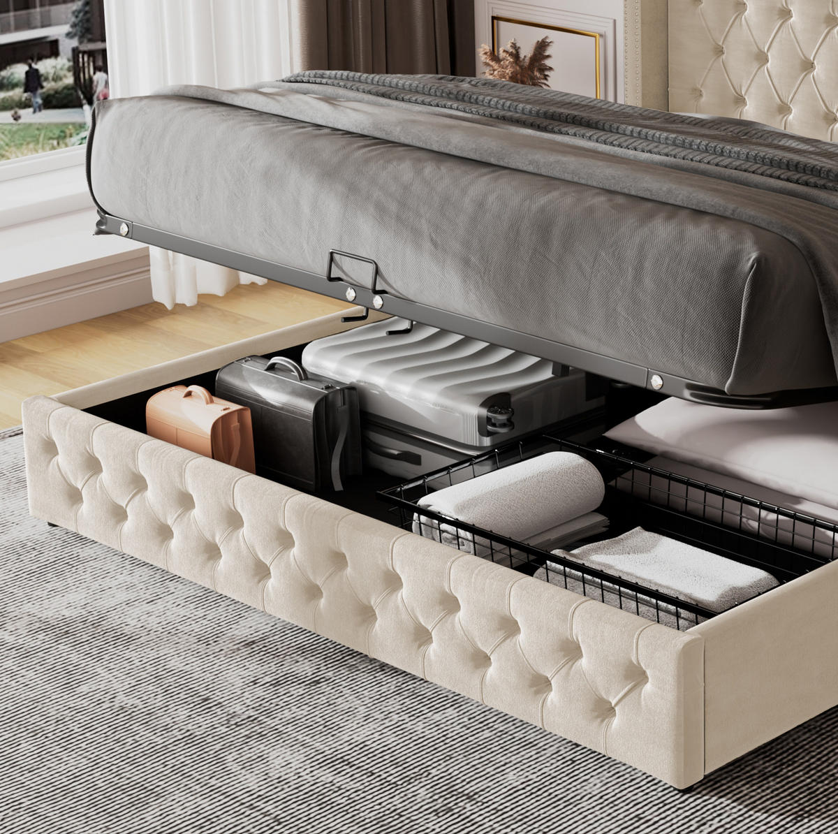 POLSTERBETT 180/200 cm mit hydraulischem Bettkasten, Chesterfield-Design und Samtbezug, Beige - Beige, Textil (180/200cm) - Redom