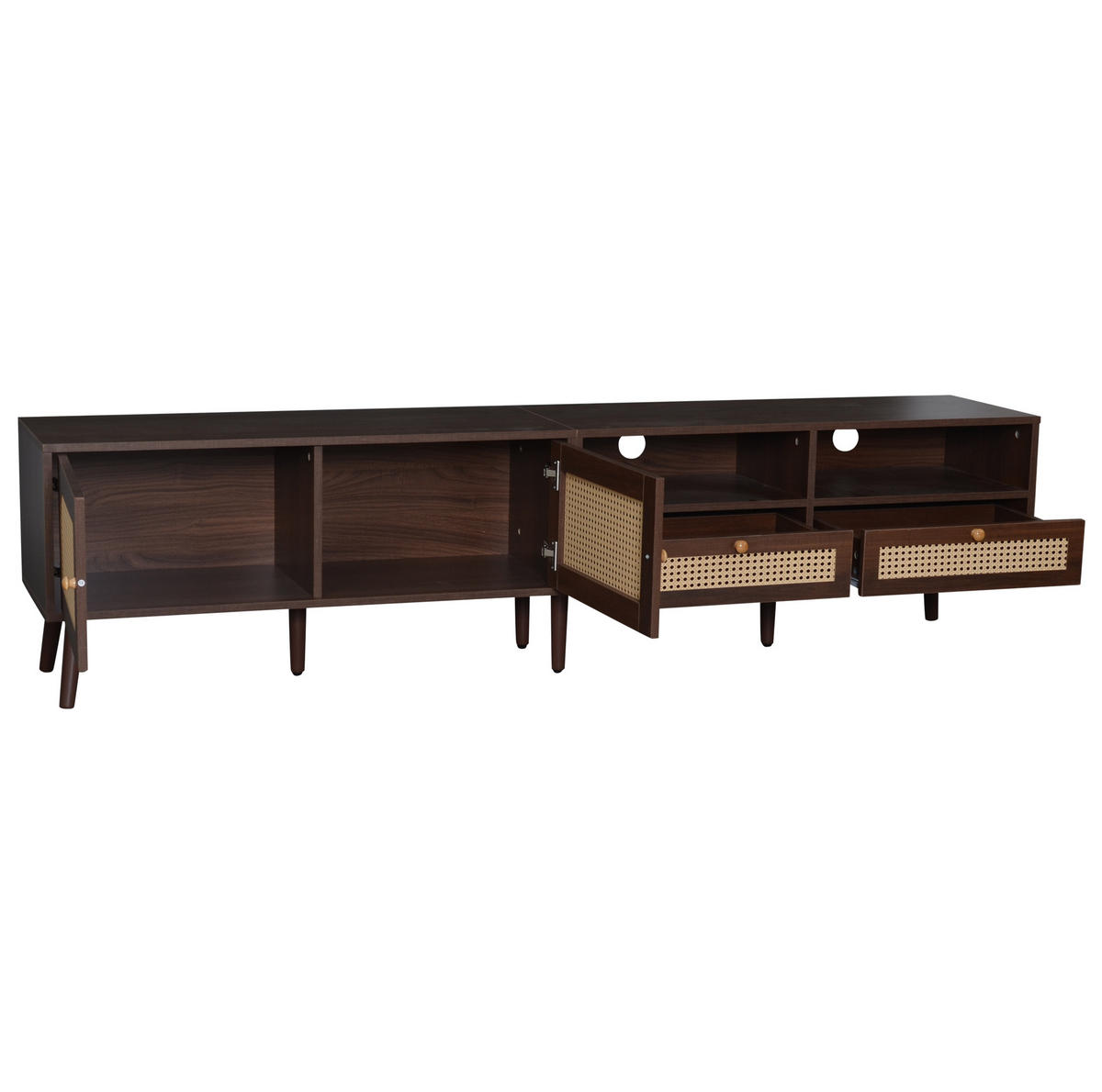 TV stolík 200/37/49,5 cm tmavohnedý z drevotriesky s ratanovými dvierkami a 2 zásuvkami - hnedá, kompozitné drevo (200/49.5/37cm) - OKWISH
