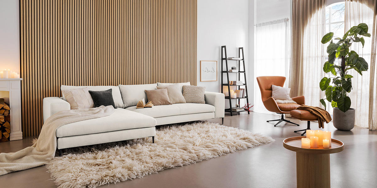 ECKSOFA mit Longchair - Schwarz Hochglanz/Beige, Textil/Metall (315/170cm) - home24
