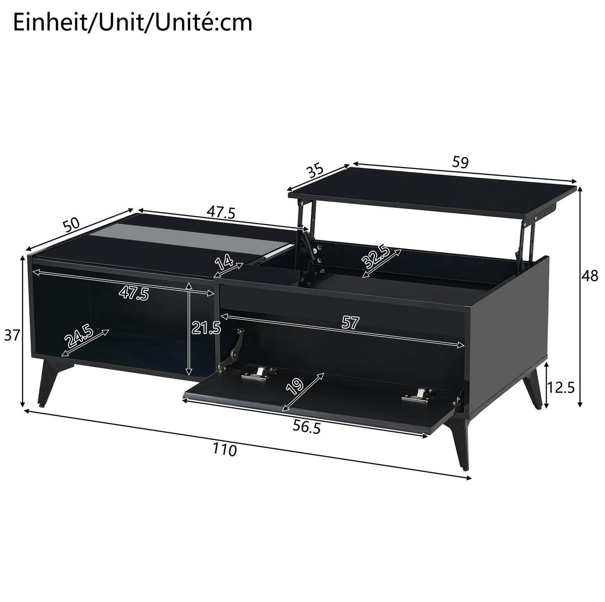 COUCHTISCH 110/50/48 cm schwarz aus Spanplatte mit Hebemechanismus und Stauraum - Schwarz, Holzwerkstoff (110/50/48cm) - OKMYHOME