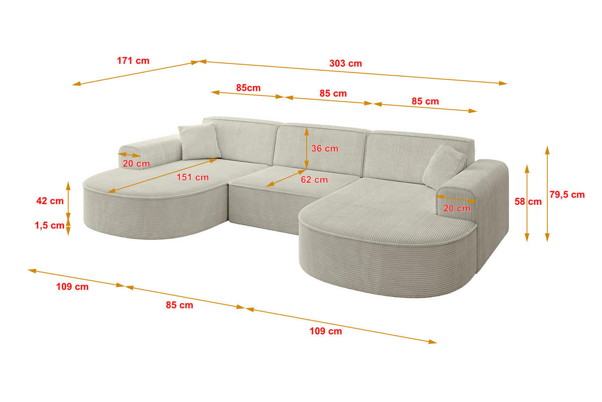 WOHNLANDSCHAFT MARI-U1 - 303x171x79 cm Hellgrau Cord - Hellgrau/Schwarz, Holzwerkstoff/Kunststoff (303/79/171cm) - ALTDECOR