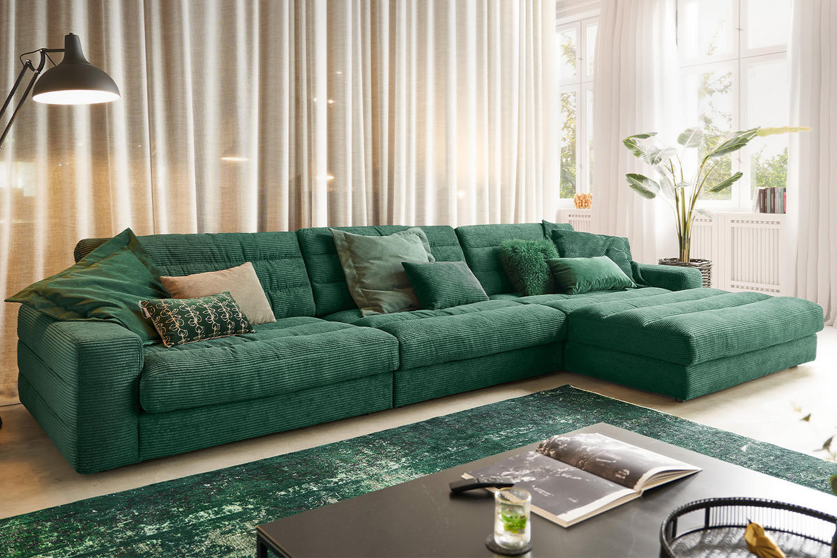 ECKSOFA XL LANA Smaragdgrün Cord - Smaragdgrün/Schwarz, Textil (416/205cm) - KAWOLA