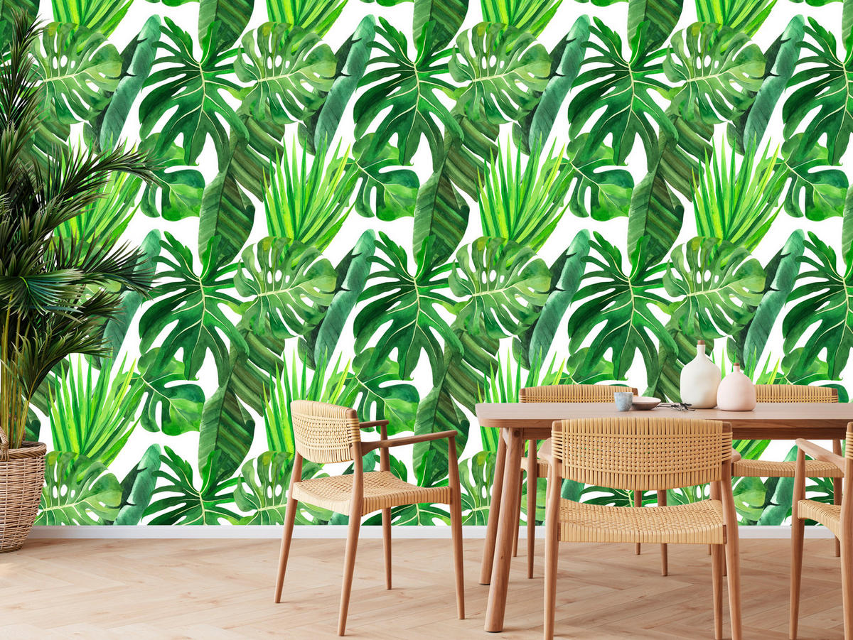 VLIESTAPETE Monstera und Bananenblätter – Grün, Weiß – 50x1000 cm - Weiß/Grün, Papier (50/1000cm) - Muralo