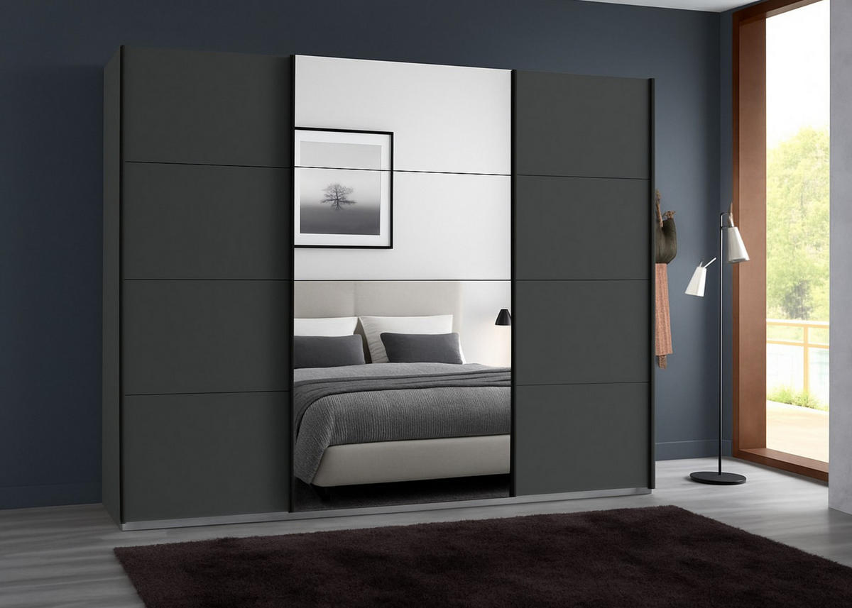 SCHWEBETÜRENSCHRANK 3-türig in Grafit, eine Tür mit Spiegel, B225/H208/T64 cm / 22519 - Edelstahlfarben/Graphitfarben, Holzwerkstoff/Metall (225/208/64cm) - luma-home