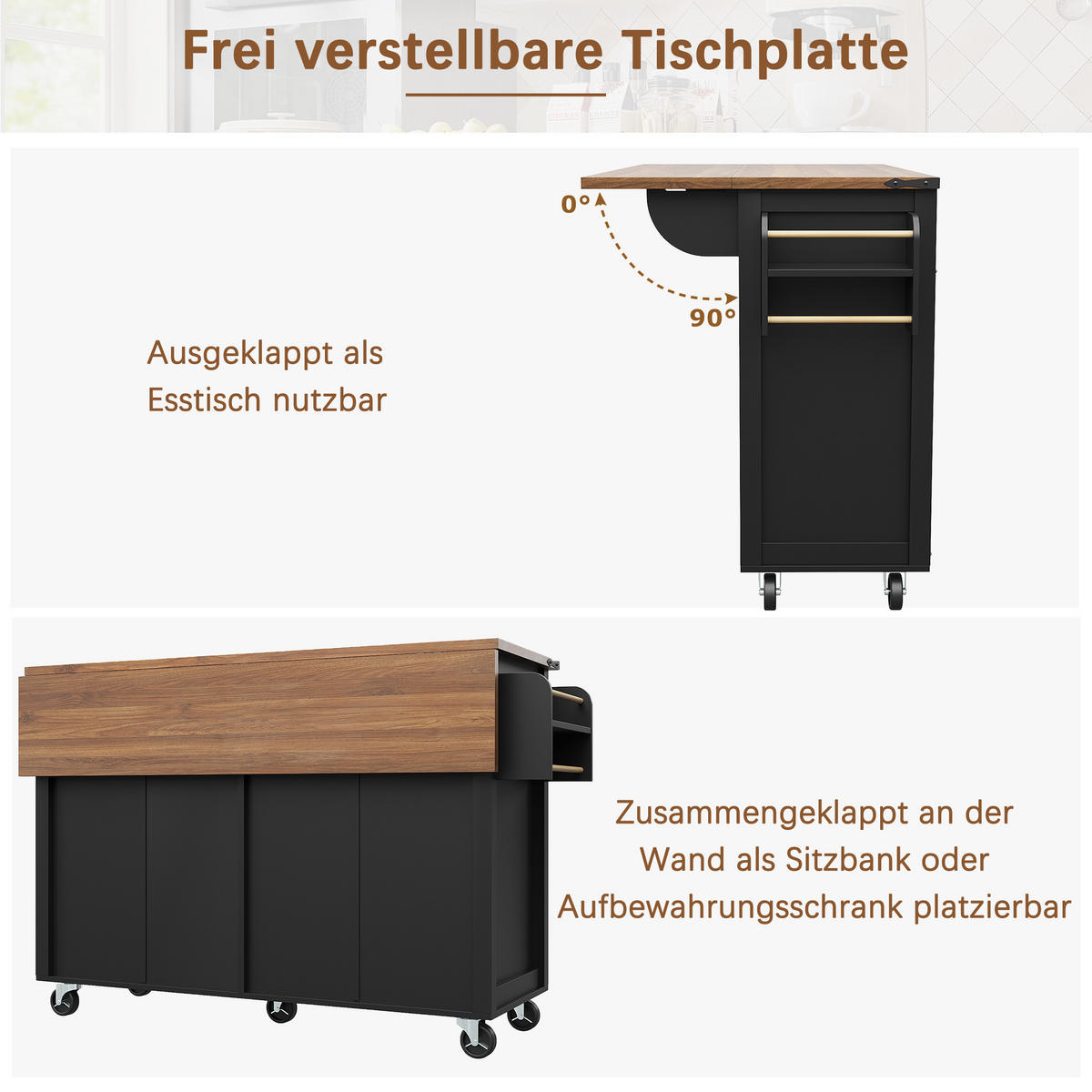 KÜCHENINSEL 140x73x93cm Schwarz mit Klapptisch & Rädern - Schwarz, Holzwerkstoff (140/93/73cm) - Modfu