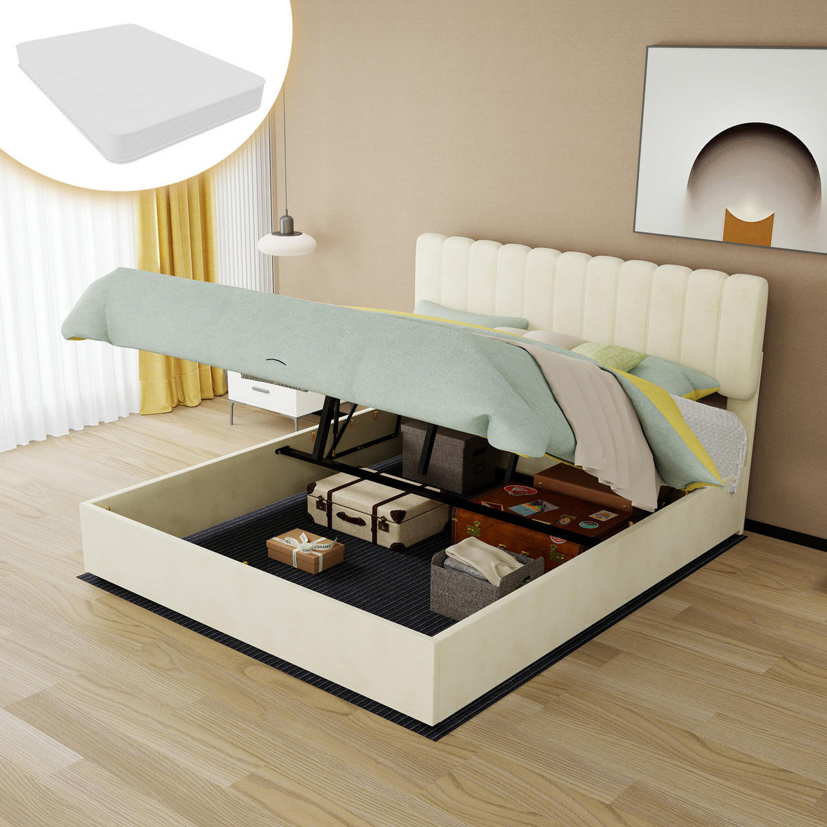POLSTERBETT 160/200 cm DE-32948 mit Stauraum und Matratze Beige - Beige, Metall (160/200cm) - ComfortXL
