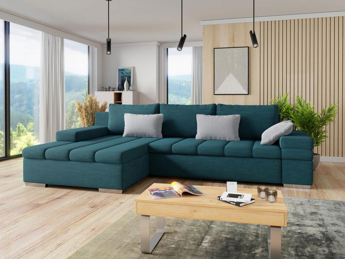 ECKSOFA Bangkok Premium, Seite: Links - Türkis/Silberfarben, Holz/Textil (310/175cm) - MIRJAN24