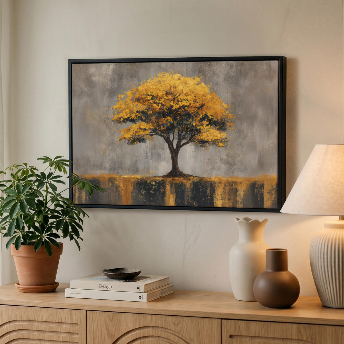 LEINWAND Bilder mit Rahmen - Baum - Blätter - Gold - Abstrakt - 60x40 - Grau, Textil (60/40cm) - MuchoWow