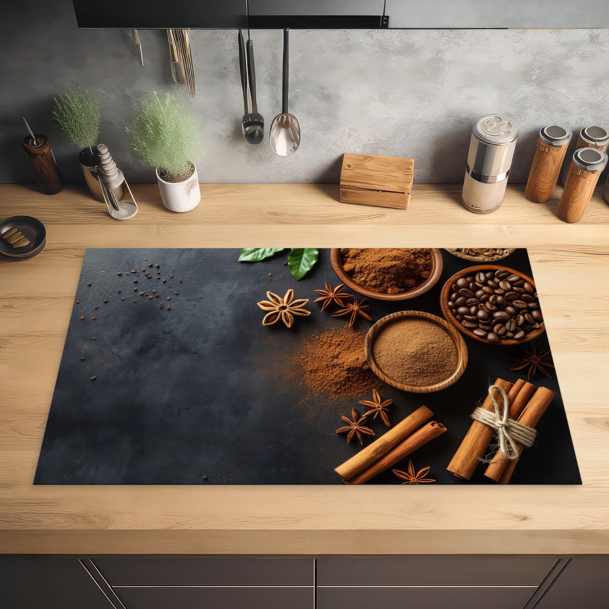 HERDABDECKPLATTE Zimt - Beton - Kaffee - Zimtstangen - Gewürze 85x52 cm - Mokka, Kunststoff (85/0.2/52cm) - MuchoWow