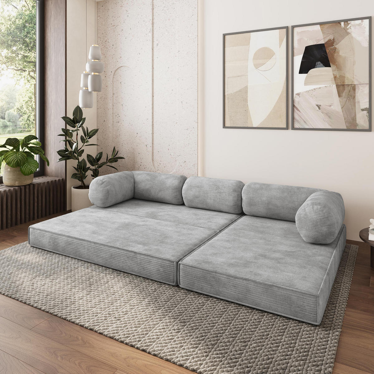 ROHOVÁ SEDAČKA ETERA modulární Boneless pohovka s funkcí spaní, světle šedá POSO 55 - světle šedá, textil (270/160cm) - MASSENO
