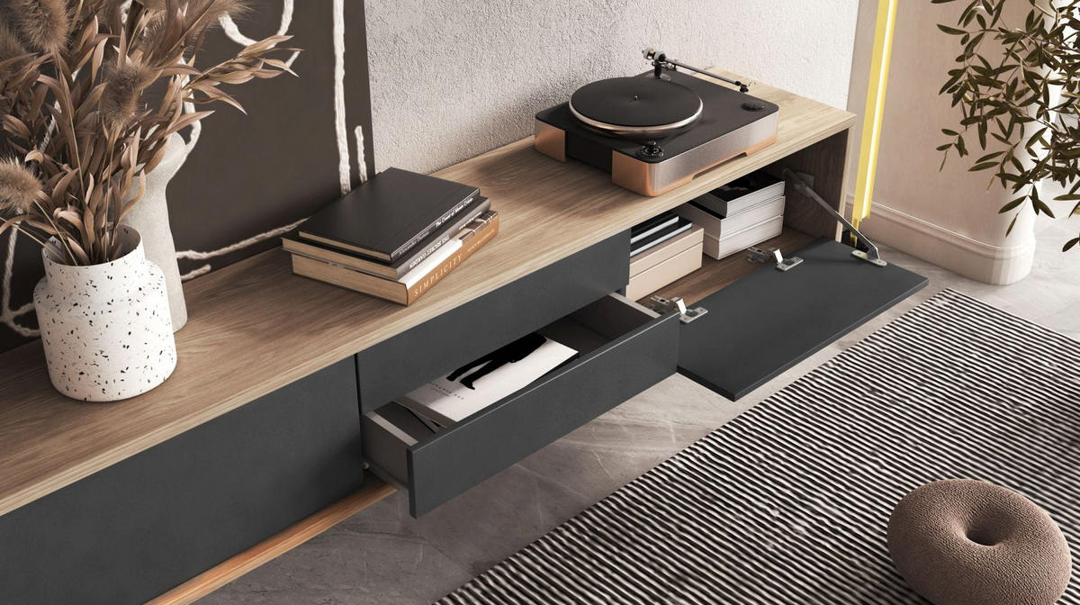 TV-LOWBOARD Moddern Eiche / Anthrazit mit Schubladen 180/32/36 cm - Anthrazit/Beige, Holzwerkstoff (180/32/36cm) - Selsey