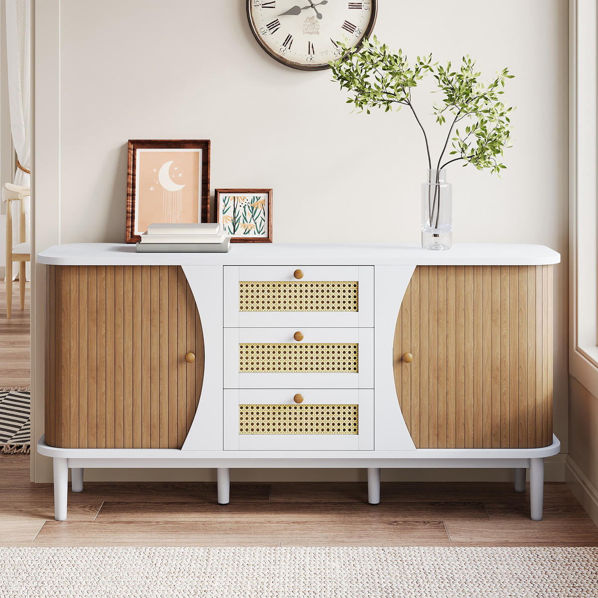 SIDEBOARD in Weiß und Rattan 140,5/40/76 cm - Weiß, Holzwerkstoff (40/76/140.5cm) - Urban Meuble