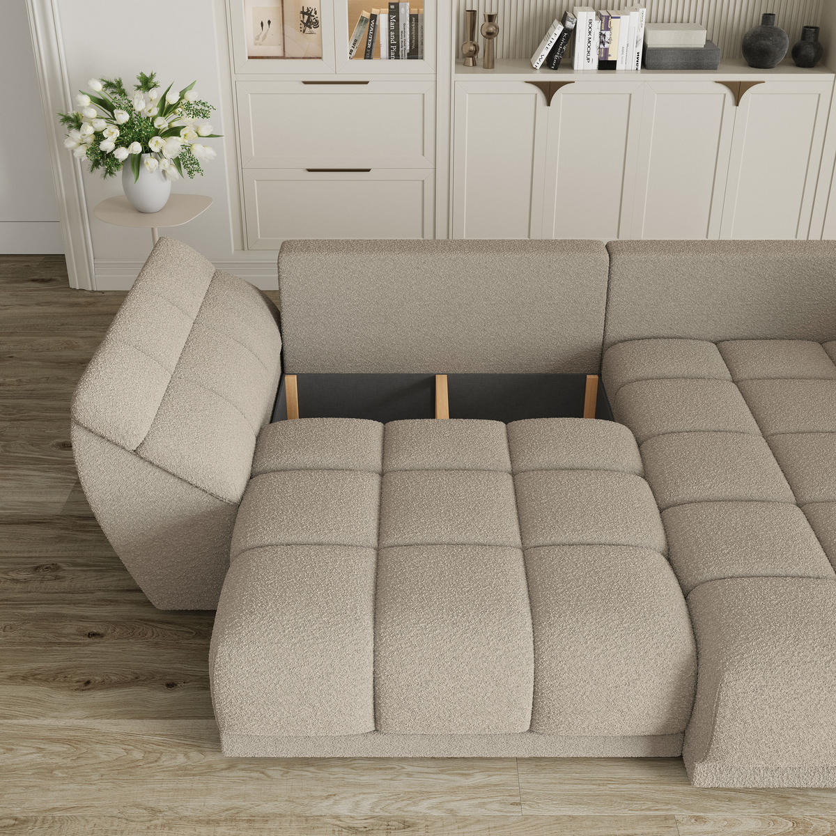ECKSOFA ORENTI R-S Beige Boucle-Stoff mit Schlaffunktion - Beige, Holz (287/182cm) - MASSENO