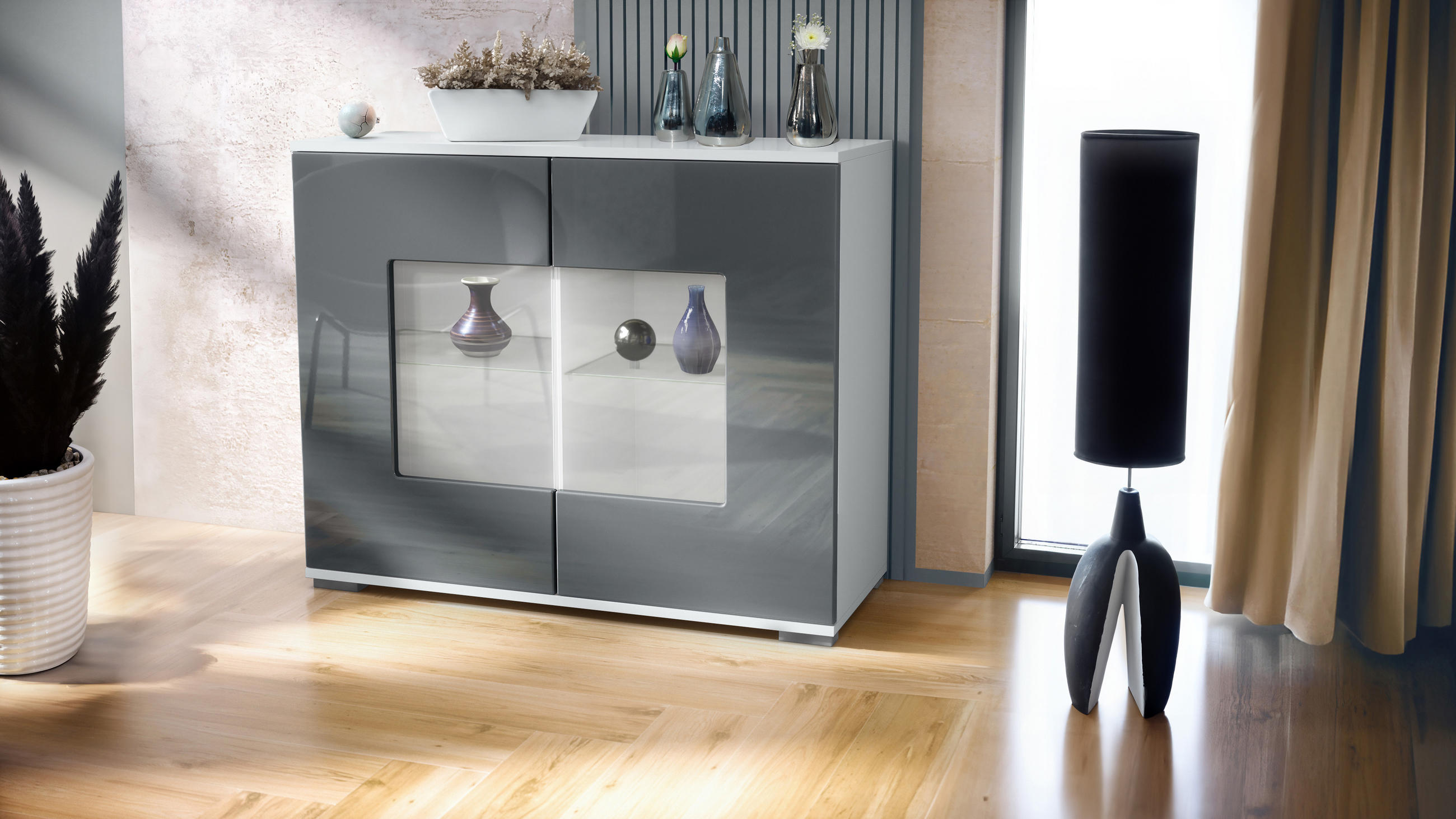 KOMMODE Grömitz Grau Hochglanz - Grau, Holzwerkstoff (92.5/75.5/35cm) - Vladon