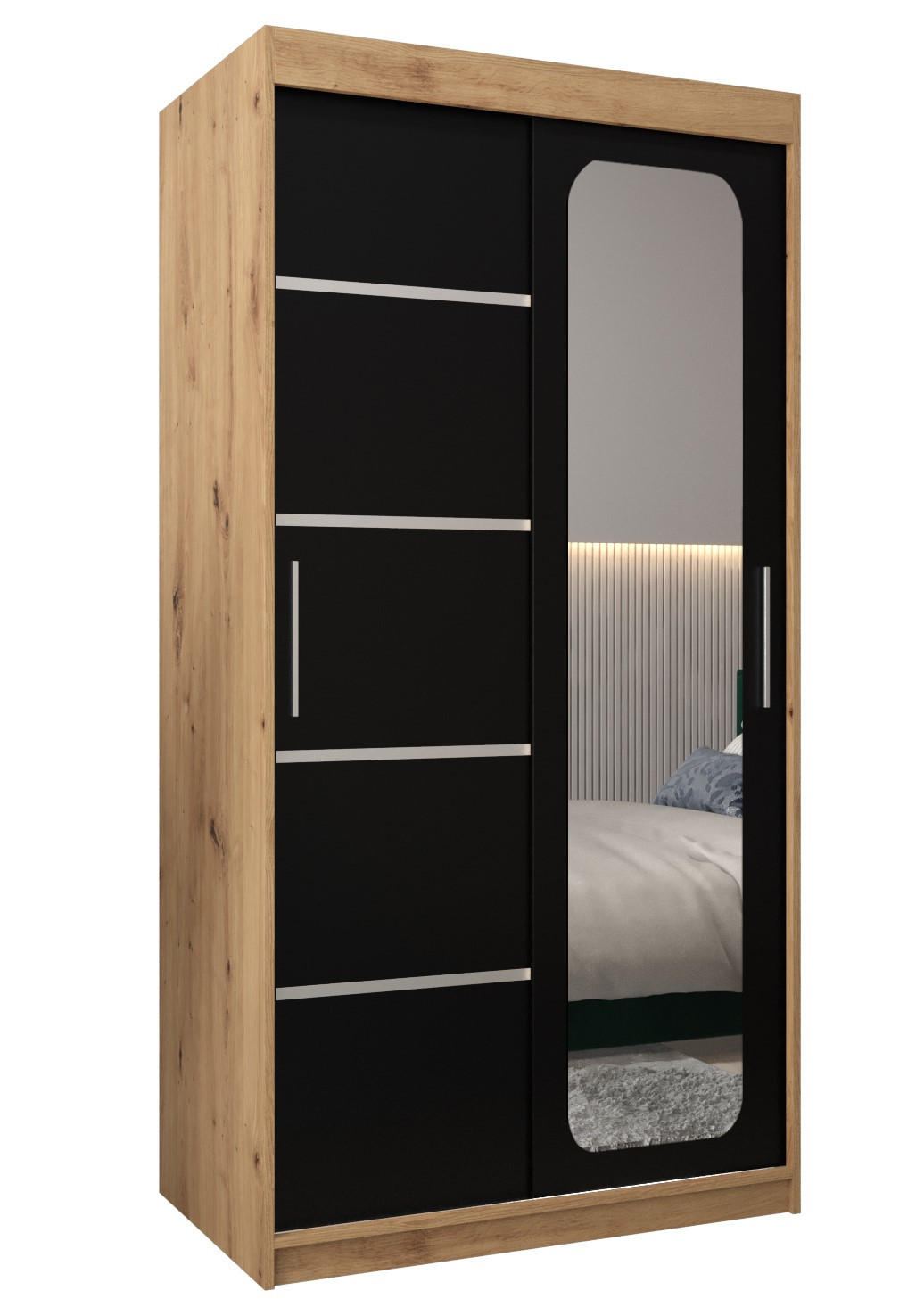 Abiks Möbel Schwebetürenschrank Eiche Artisan, Schwarz 100x200x62 cm