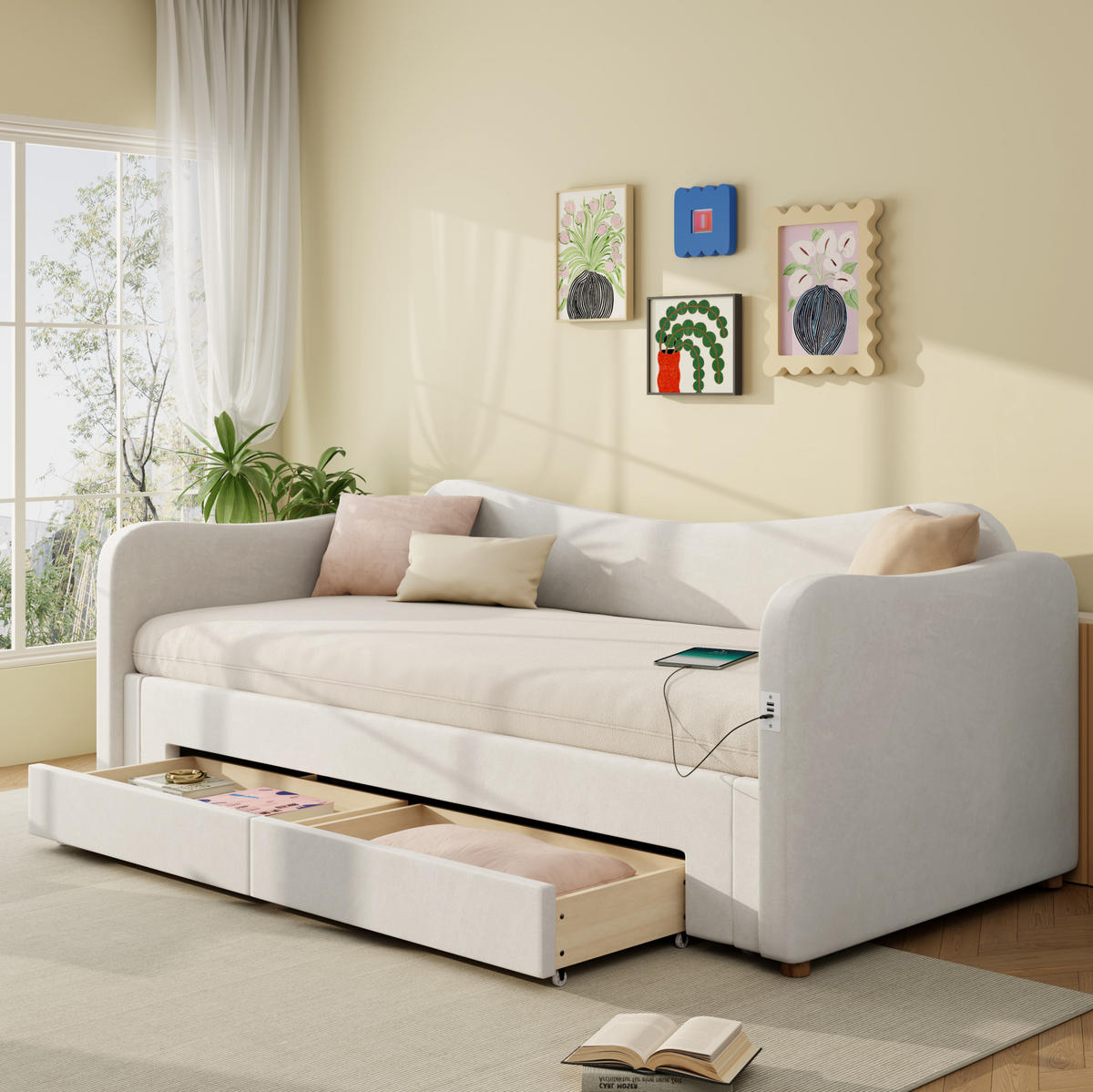 ČALOUNĚNÁ postel 90/200 cm, rozkládací na 180/200 cm, 2 zásuvky, USB a USB-C, samet, Béžová - béžová, textil (90/200cm) - Redom
