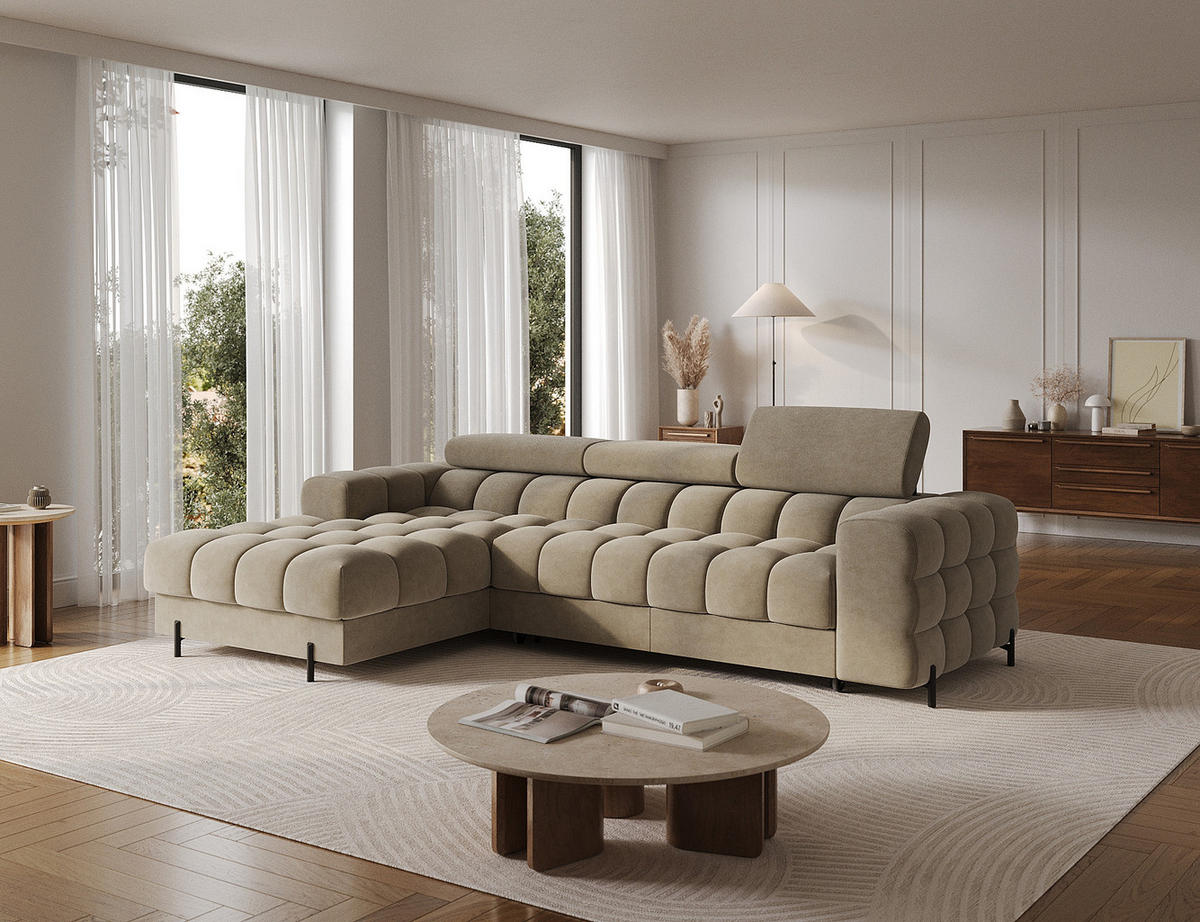 ECKSOFA FELRO mit Schlaffunktion, Bettkasten & verstellbaren Kopfstützen – Modernes Premium-Ecksofa in L-Form - Beige, Kunststoff (285/181cm) - Wohnideebilder