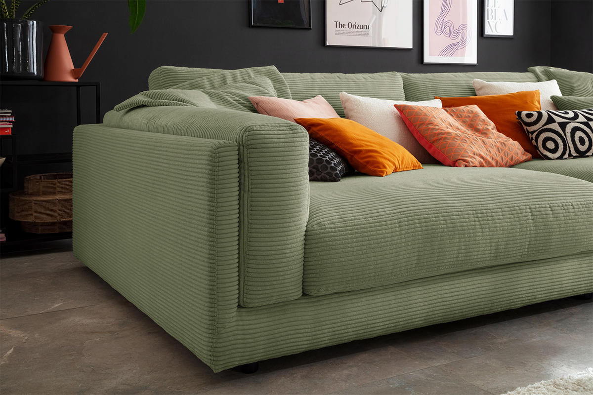 BIG SOFA RAINA Grün Cord - Schwarz/Olivgrün, Kunststoff/Textil (294/85/150cm) - KAWOLA
