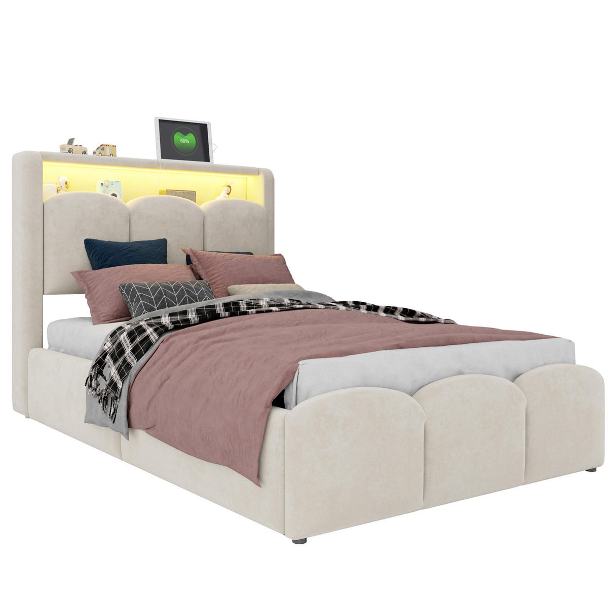 POLSTERBETT 90x200 cm in Beige mit LED, USB-C und hydraulischem Stauraum - Beige, Textil (90/200cm) - IVMEU