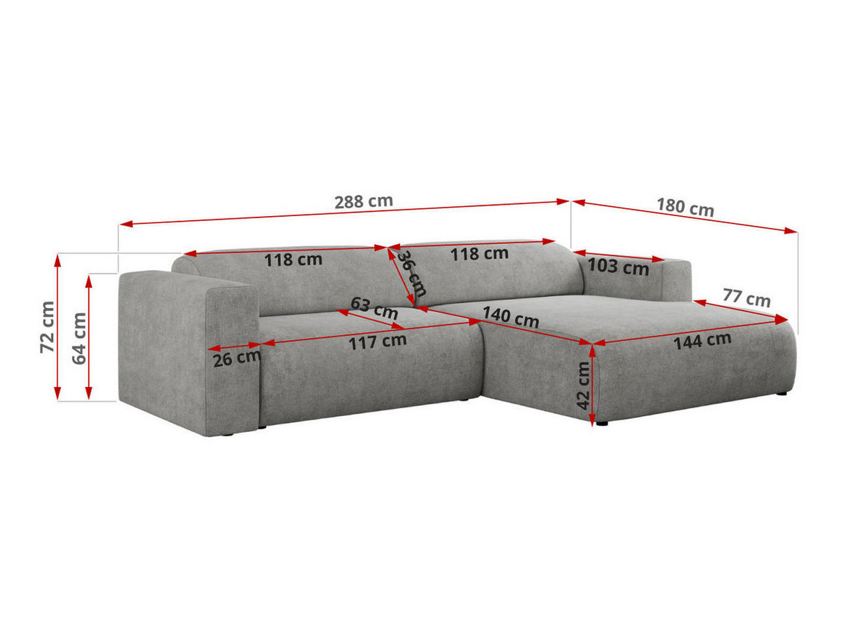 ECKSOFA PASADENA Hellgrau Struktur - Links Seite - Hellgrau/Schwarz, Kunststoff/Textil (288/180cm) - MKS