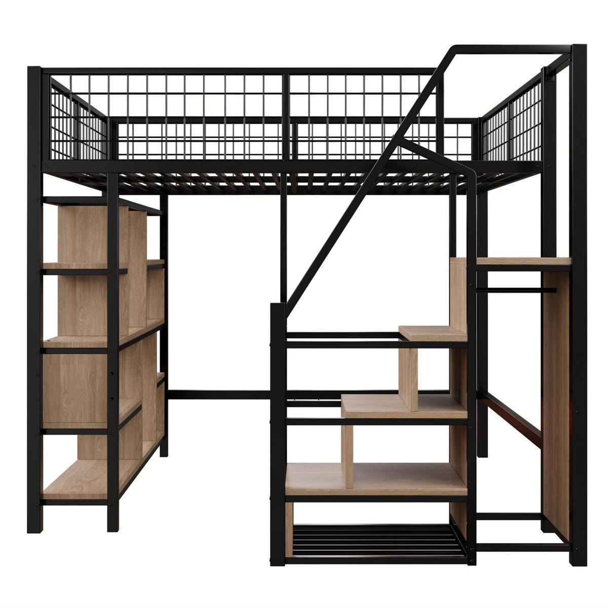HOCHBETT 140/200 cm aus Metall und Holz mit Stauraumtreppe, Schwarz - Schwarz, Metall (140/200cm) - Flora Grace