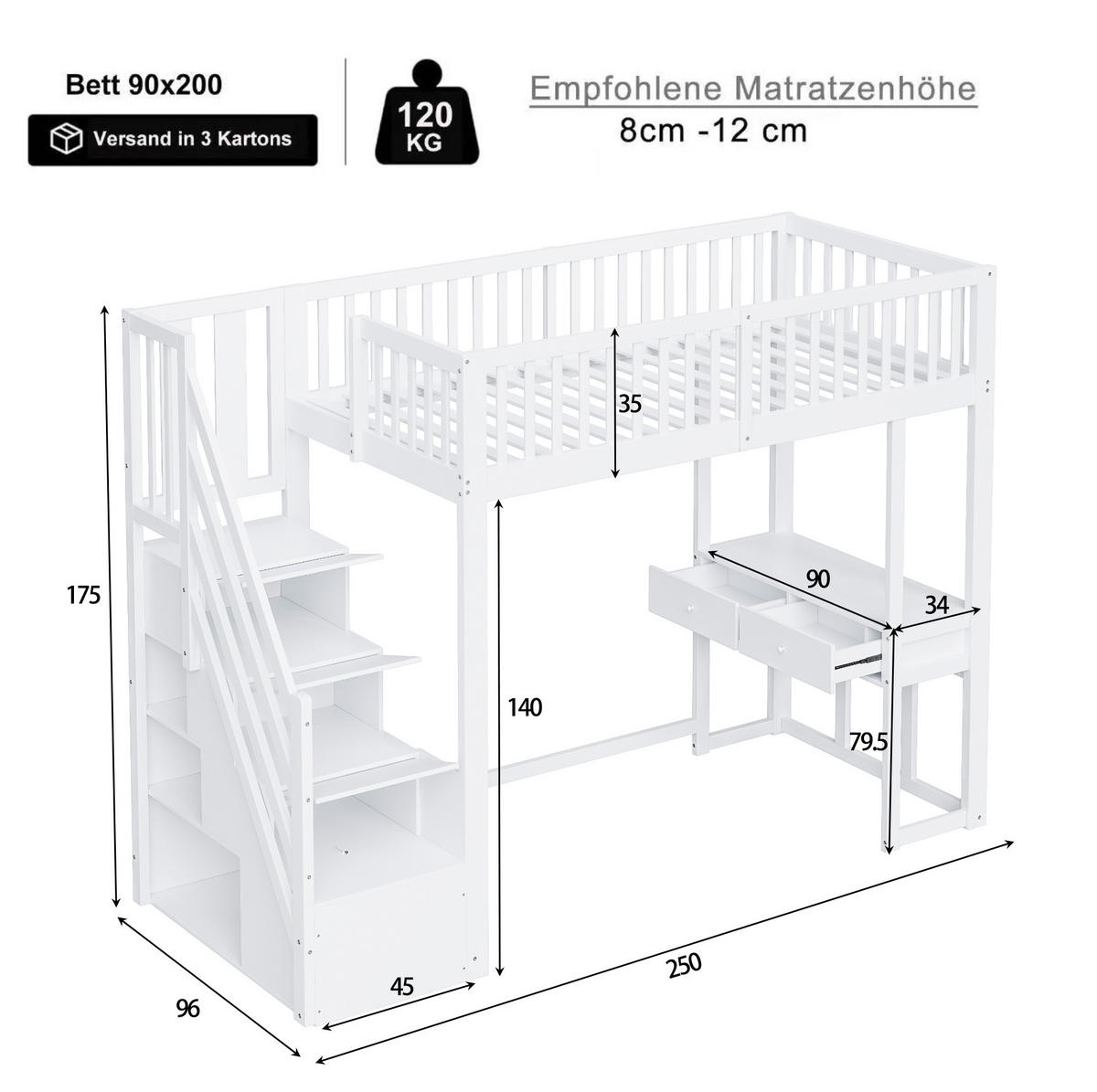HOCHBETT 90/200 cm aus Kiefer, Sperrholz und MDF mit Stauraumtreppe und Multifunktionstisch Weiß - Weiß, Holz (90/200cm) - Modenvie