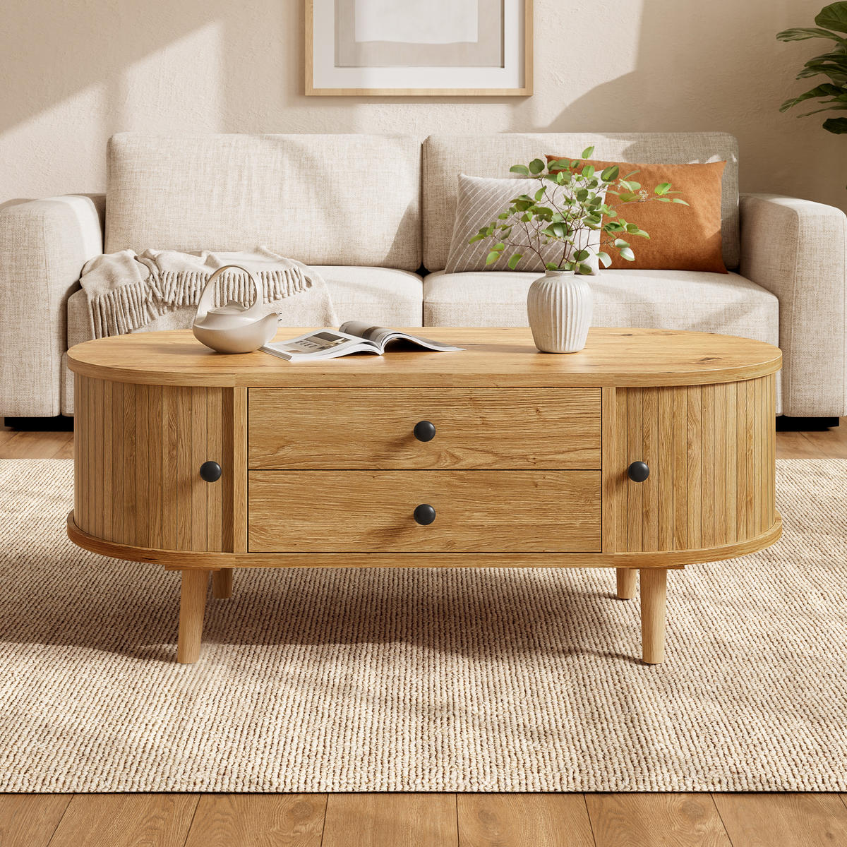 COUCHTISCH Oval Leisten Schiebetüren 2 Schubladen MDF - Eichefarben, Holzwerkstoff (100/50/40cm) - FLIEKS