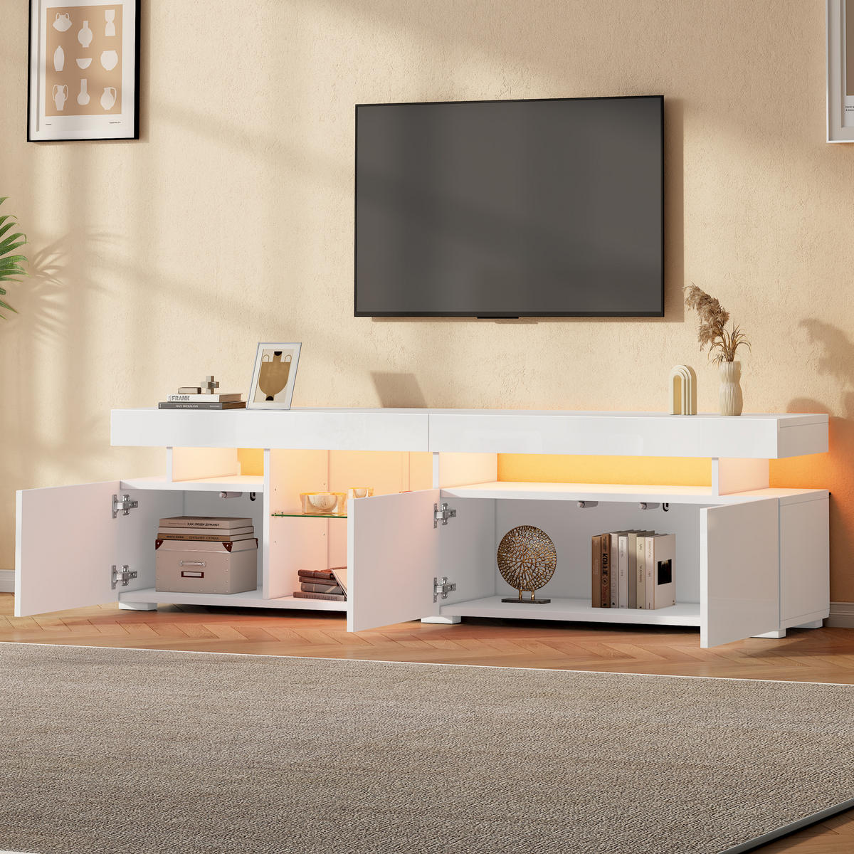 TV-LOWBOARD 180x35x45 cm Weiß Hochglanz 3 Türen Glas Einlegeböden - Weiß, Holzwerkstoff (35/45/180cm) - FLIEKS