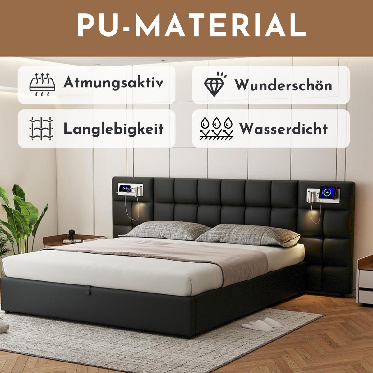 POLSTERBETT 180/200 cm mit USB-Anschluss, kabelloser Ladefunktion, Beleuchtung und hydraulischem Stauraum, Schwarz - Schwarz, Kunststoff (180/200cm) - Redom