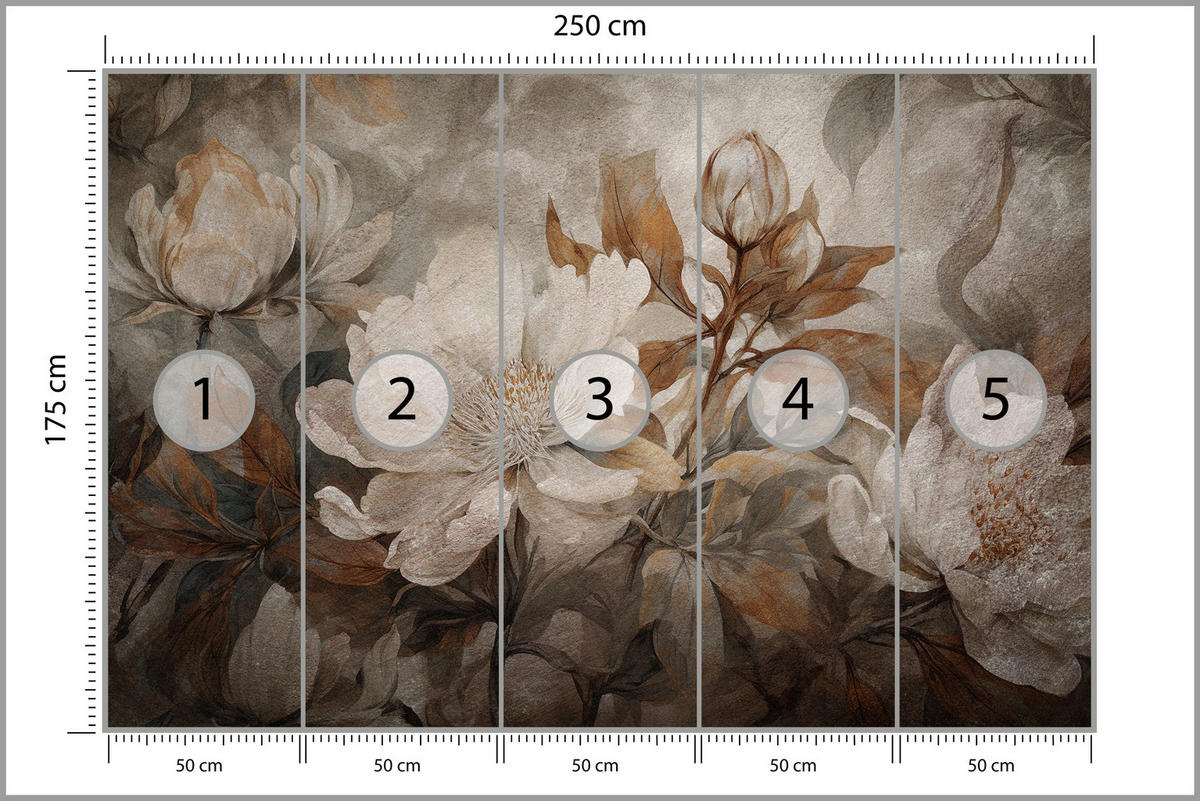 FOTOTAPETE für Wohnzimmer Blumen Blätter Pflanzen Natur Retro Stil 250x175 - Beige/Orange, Papier (250/175cm) - Muralo