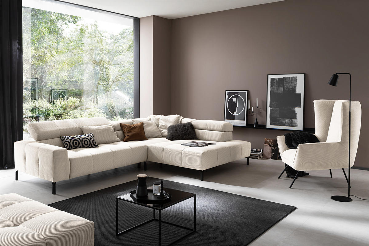 ECKSOFA MIT MOTORISCHEM SITZVORZUG OHIO Weiß Cord - Schwarz/Weiß, Textil/Metall (311/219cm) - KAWOLA