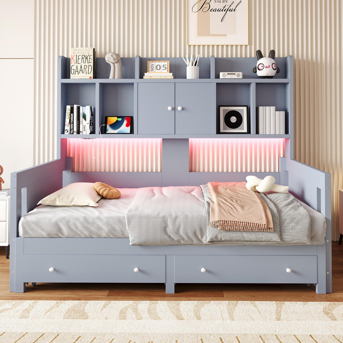 SCHLAFSOFA Holz Ausziehbett LED Stauraum Steckdose Grau - Grau, Holz (90/190cm) - FLIEKS