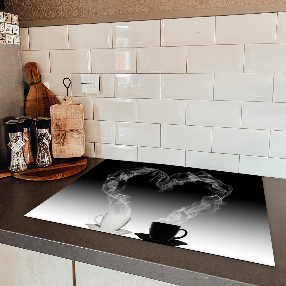 HERDABDECKPLATTE Kaffee - Herz - Schwarz und weiß - Tassen 71x52 cm - Weiß, Kunststoff (71/52/0.2cm) - MuchoWow