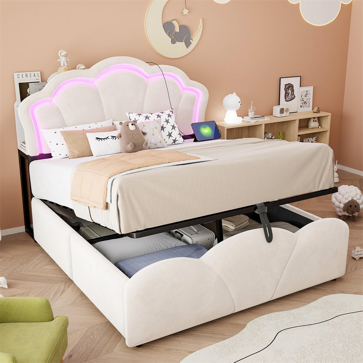 POLSTERBETT 140x200 cm mit hydraulischem Stauraum - LED Beleuchtung & Ladeanschluss - Beige - ohne Matratze - Beige, Textil (140/200cm) - DELFA