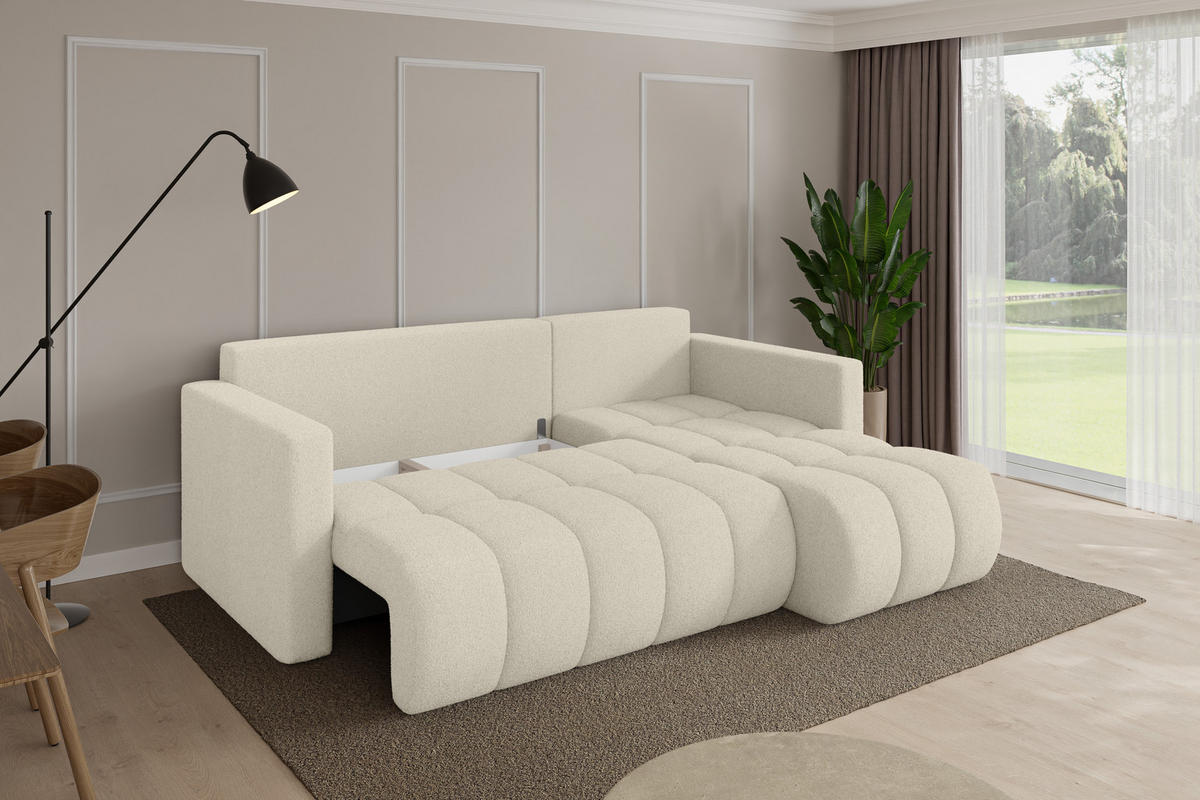 ROHOVÁ SEDAČKA s funkcí spaní, otoman vpravo GARD-L 226x146x85 béžová bouclé - černá/písková barva, kompozitní dřevo/textil (226/146cm) - ALTDECOR