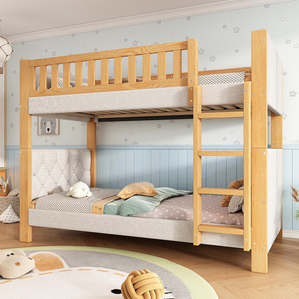 ETAGENBETT 90x200cm, vierstufige gerade Treppe, Grau+Natur - Grau, Holz (94/212cm) - KOMHTOM