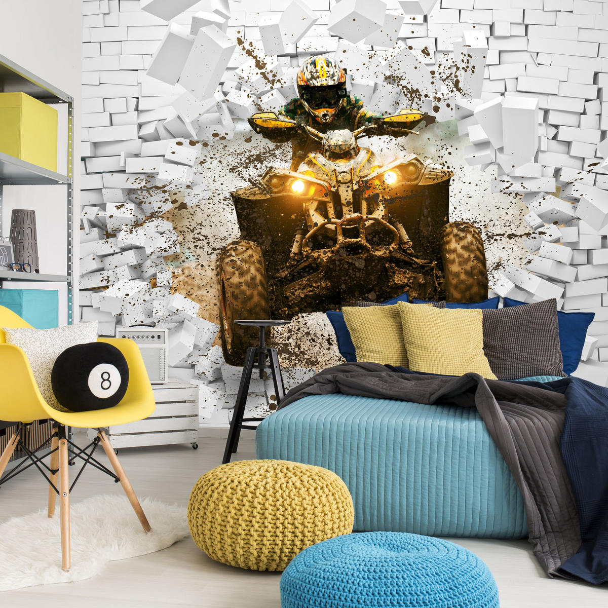 FOTOTAPETE für Büro Schlammbedecktes Quad Durchbricht Backsteinmauer 150x105 - Gelb/Beige, Papier (150/105cm) - Muralo