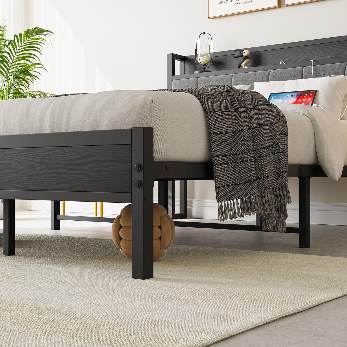 METALLBETT 140/200 cm mit Gepolstertes Kopfteil und USB, ohne Matratze - Schwarz, Holzwerkstoff/Textil (140/200cm) - WISHDOR