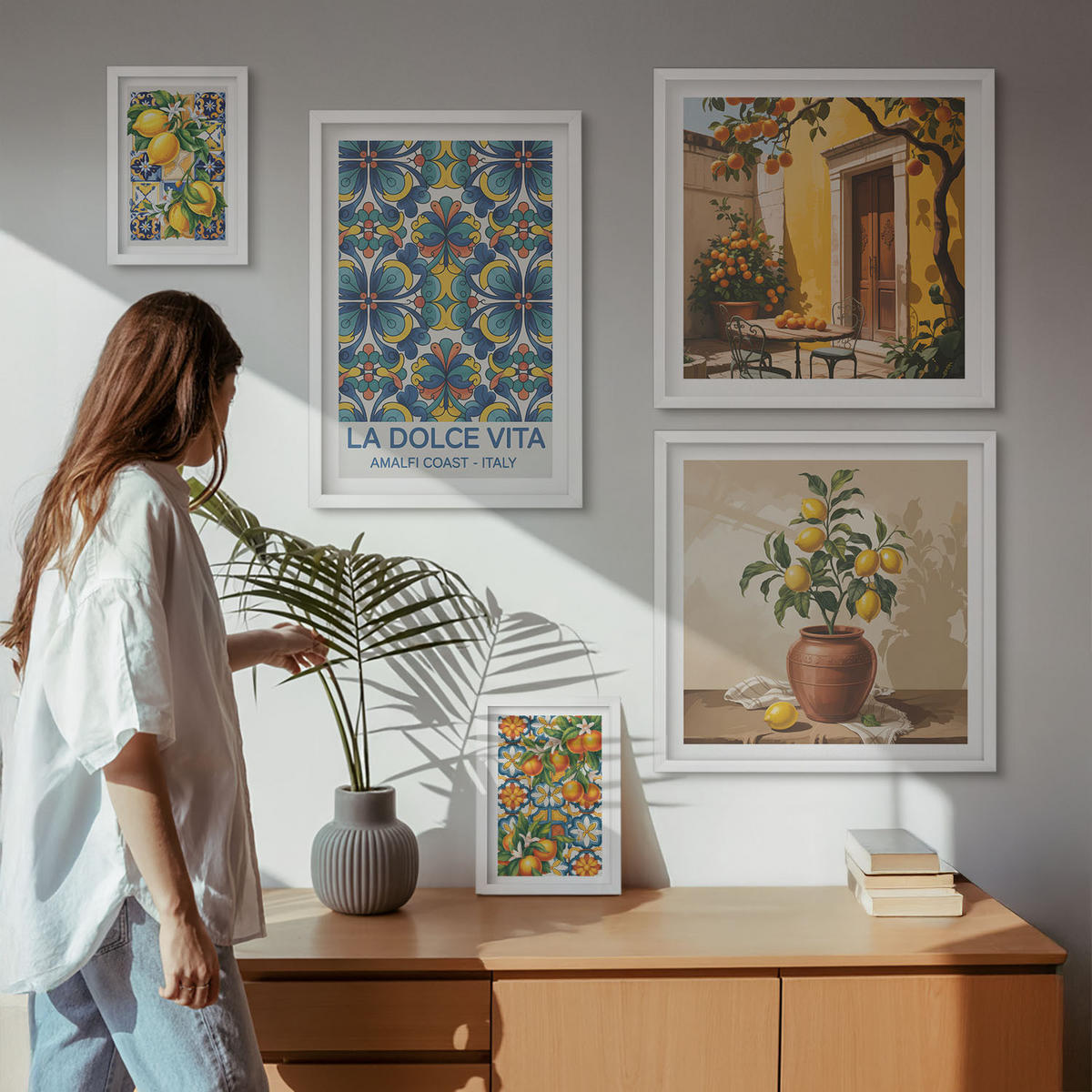 WANDBILDER 5er-Set - 50x50 cm & 20x30 cm & 40x60 cm Weißer Rahmen - Zitronen, Blumen, Orangen, Italien - Weiß, Kunststoff (40/60cm) - ArtPrintCave